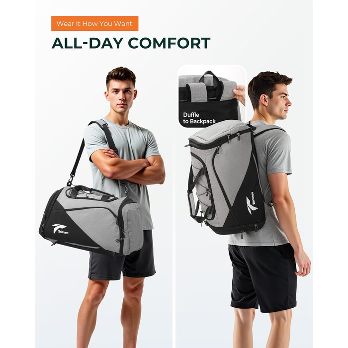 Спортивна сумка-рюкзак Tolaccea для чоловіків та жінок, велика розширювана спортивна сумка об&39ємом 45-63 л з відділенням для взуття, відділенням для вологих речей, відділенням для ноутбука, дорожня сумка, сумка для тренувань для спортзалу, подорожей, пл
