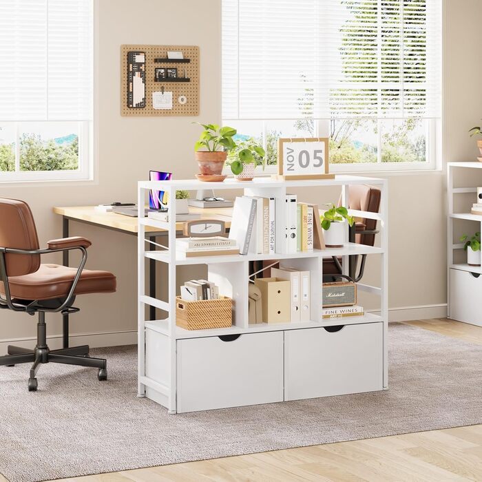 Книжкова полиця Dripex з 2 шухлядами, книжкова шафа з 7 відділеннями з дерева та металевого каркасу, окремостояча кубічна полиця для спальні, вітальні, кабінету, офісу, 33 x 100 x 90 см, біла