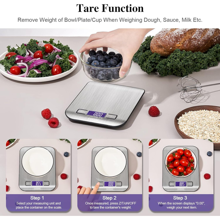 Професійні електронні ваги, кухонні ваги з РК-дисплеєм - чудова точність до 1 г (максимальна вага 5 кг) - сріблястий