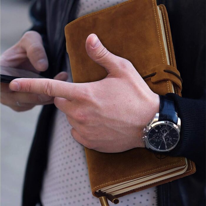 Шкіряний блокнот Wanderings з кишенями - 22 x 11,5 см - Поповнюваний щоденник подорожей з чистим папером для запису та організації або як блокнот, щоденник, вінтажний планер, коричневий