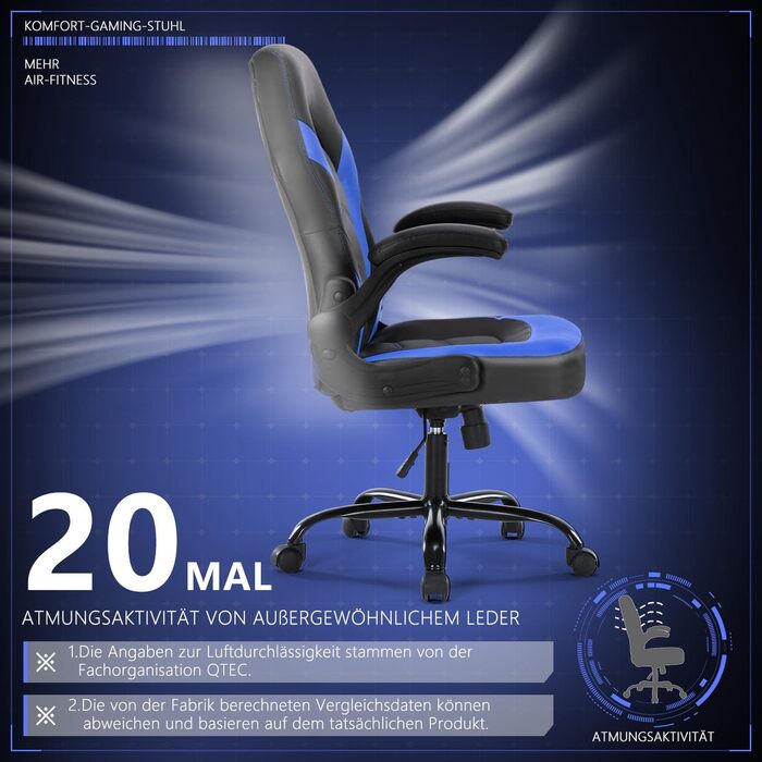 Ергономічне ігрове крісло зі складними підлокітниками, регульована висота (107-116 см), поворот на 360, штучна шкіра, тихі колеса, складні підлокітники, офісне крісло для ігор та домашнього офісу, синього кольору