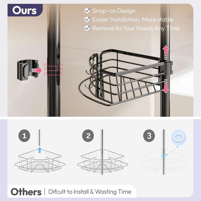 Кутова полиця для душу без свердління, телескопічна, регульована по висоті. Тримач для шампуню з 4 кошиками, нержавіюча сталь (70-267 см, чорний). Чорна 4-кошикова телескопічна полиця.