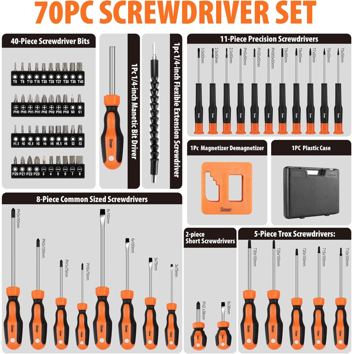 Набір магнітних викруток Sinoer 70 предметів у кейсі плоскі, хрестоподібні, Torx, шестигранники, квадратні, Pozidriv та прецизійні викрутки