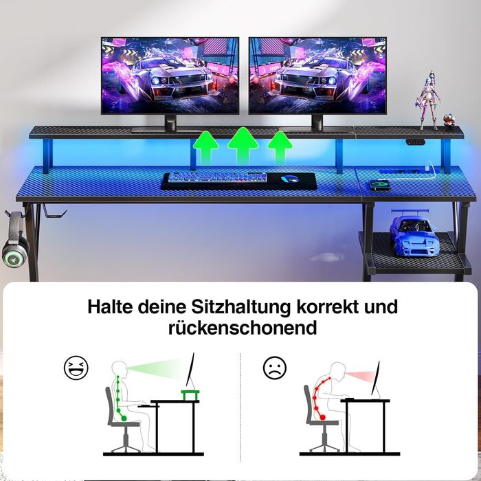 Ігровий стіл SEVEN WARRIOR зі світлодіодним освітленням та розетками, комп&39ютерний стіл 140 см з підставкою для монітора та підставкою для процесора, стіл з 2 гачками та підставкою для ніг, ідеально підходить для спальні або офісу, 140 x 47 x 87 см