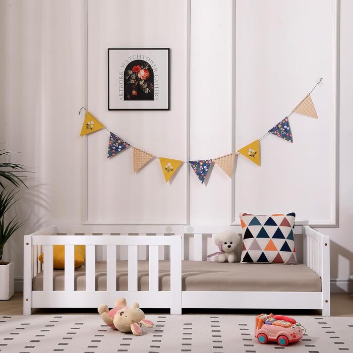 Дитяче ліжко ecomi 80x160 із захистом від падіння, Ліжко на підлогу, Дитяче ліжко з рейковою основою для дівчаток та хлопчиків, Масив сосни білого кольору, 80 x 160 см, Білий