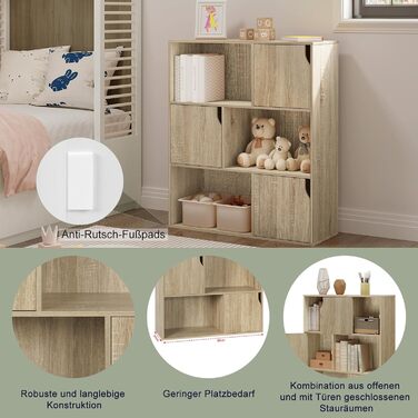 Книжкова полиця eSituro, стояча полиця з 3 дверцятами та 9 відділеннями, кубічна полиця, полиця для дитячого офісу, окремостояча полиця для вітальні, спальні, світлий дуб