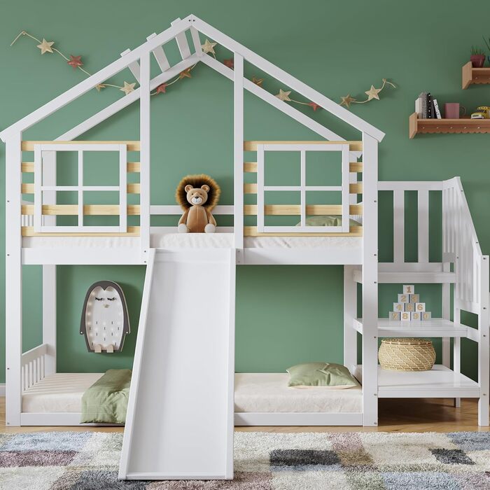 Дитяче двоярусне ліжко 90x200, ліжко-горище, дерев&39яне ліжко-будиночок зі сходами та гіркою, каркас ліжка із захистом від падіння та поручнями, ліжко з рейковою основою, каркас ліжка з масиву дерева, без матраца, білий колір
