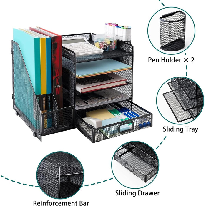 Сітчастий настільний органайзер з вертикальним тримачем для файлів, 5-ярусним лотком для паперу з висувною шухлядою та 2 тримачами для ручок, настільний органайзер з тримачем для журналів для офісного приладдя Black1