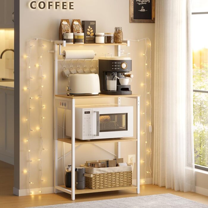 Кухонна полиця VASAGLE з розетками, окремостояча полиця, полиця для мікрохвильової печі, 4 рівні та 8 S-подібних гачків, регульована полиця, тримач для кухонних пакувальних машин, 40 x 60 x 140 см, Золотий дуб-хмарно білий KKS014Y02 60B см Золотий дуб мат