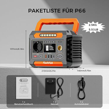 Портативна електростанція FlashFish 230 Втгод із сонячною панеллю 60 Вт, сонячним генератором 300 Вт (пікова потужність 600 Вт) з 2 портами постійного струму, 4 портами USB, світлодіодними ліхтарями, аварійним джерелом живлення для кемпінгу, подорожей, ві