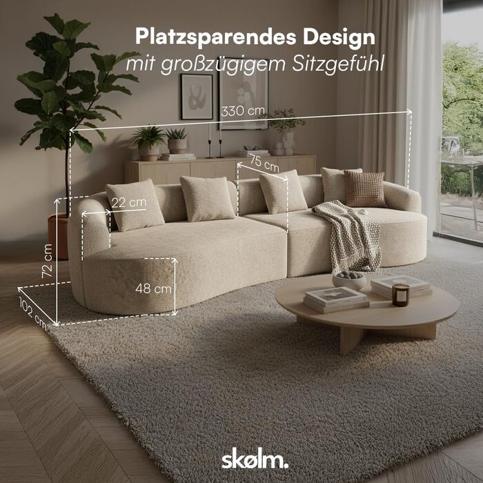 Диван Skølm Loki Cloud 4-місний диван з бежевої тканини букле ведді комплект диванів з 4 подушками повністю пінопластовий диван з пружинною серцевиною та вакуумним стисненням, ширина 330 см не потребує складання