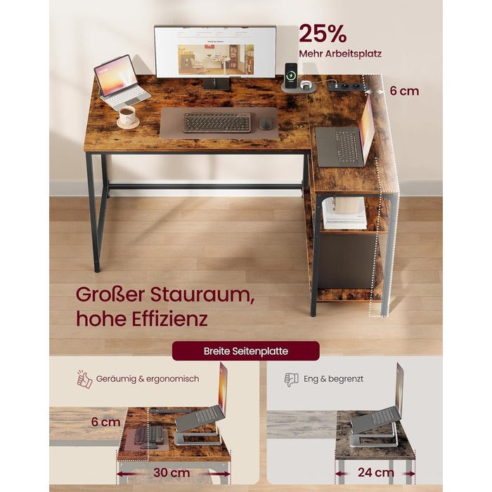 Г-подібний кутовий стіл, комп&39ютерний стіл з місцем для зберігання, офісний стіл, полиця з регульованою висотою, для домашнього офісу, з 2 розетками змінного струму та 2 USB-портами, 120 x 80 см, вінтажно-коричневий LWD132KD01 Подовжувач живлення 120 x 