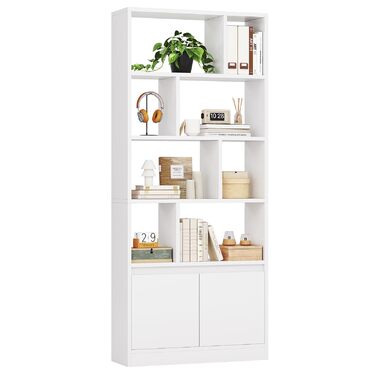Біла дерев&39яна книжкова шафа, висока книжкова шафа з 4 полицями та відкритим місцем для зберігання, окремостояча полиця з дверцятами для вітальні, спальні, офісу, кабінету, 155x60x24 см, білий