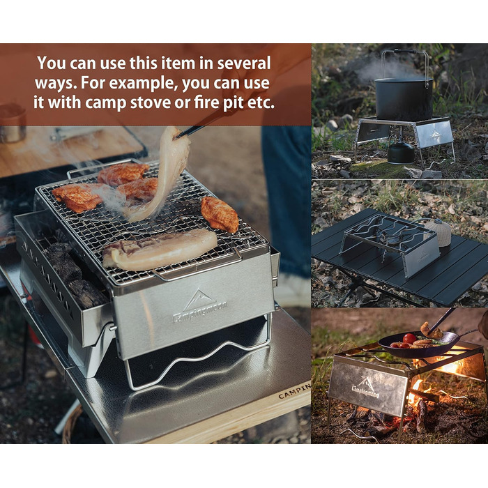 Складана решітка для гриля на відкритому вогні, для приготування їжі на вогнищі, портативна, з нержавіючої сталі 304, з решіткою для гриля, ніжками для вітрового скла та сумкою для перенесення MS-1018-SW