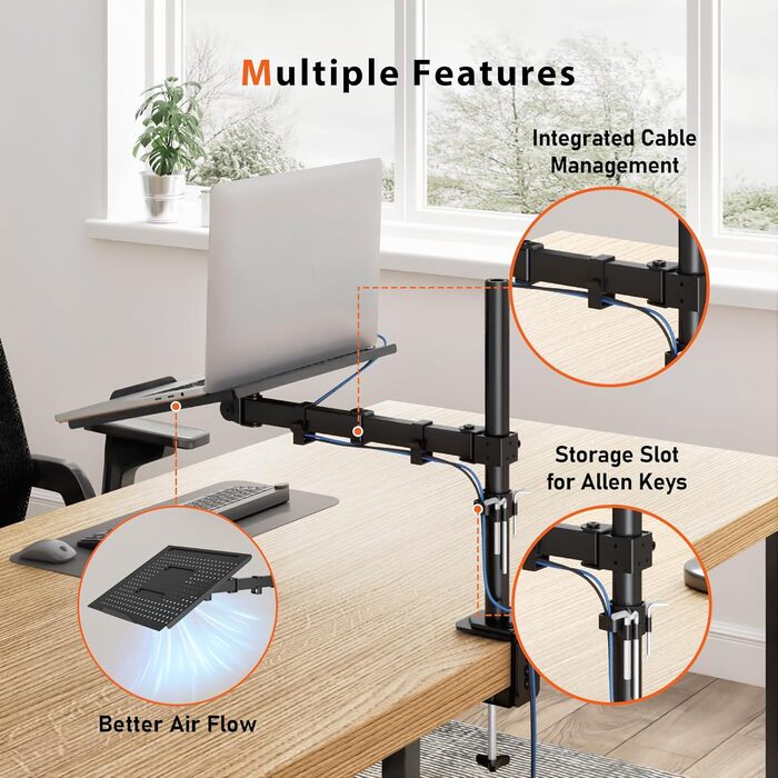 Тримач для монітора Redbat з охолоджувальною підставкою для ноутбука, повністю регульований для LCD/LED екранів 13-32 дюйми та ноутбуків до 16 дюймів, 2 способи кріплення, нахил, поворот та обертання