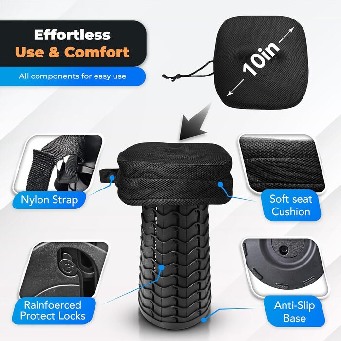 Портативний телескопічний стілець з подушкою та сумкою для перенесення складаний стілець, регульована висота 645 см, стійкий до 200 кг, квадратний телескопічний стілець для кемпінгу, саду, риболовлі та подорожей