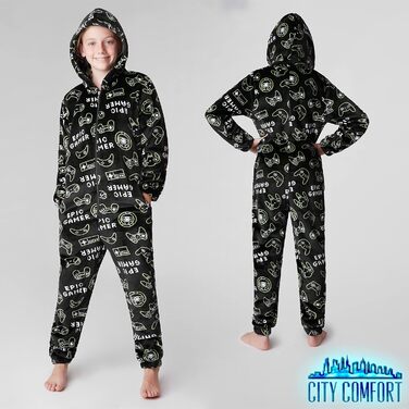 Дитячий флісовий комбінезон CityComfort Onesie, піжама, надзвичайно м&39який, цілісний костюм, піжама-ромпер, 7-14 років, 9-10 років, чорний