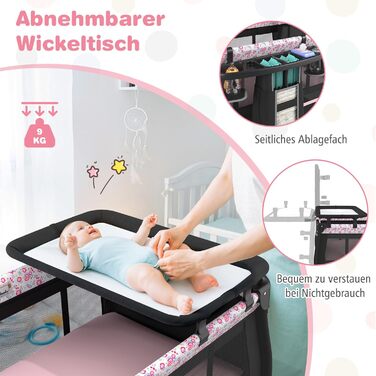 Дорожнє ліжечко COSTWAY 5 в 1 з матрацом, складне приліжкове ліжечко з регульованим балдахіном, дитяче ліжечко з пеленальний килимок, музичний мобіль та сумка для перенесення, дитяче дорожнє ліжечко до 15 кг (рожеві квіти)