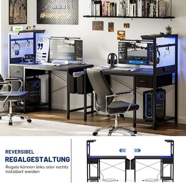 Ігровий стіл Grandder, ігровий стіл 100 см з розеткою та світлодіодним освітленням, комп&39ютерний стіл з двосторонніми полицями та шухлядою, ПК-стіл для домашнього офісу з відділенням для зберігання, чорний колір, 100 x 50 см, чорний колір