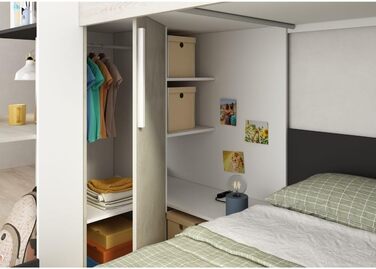 Двох'ярусне ліжко Bleki для двох дітей з письмовим столом і шафою в вінтажному білому та антрацитовому кольорах