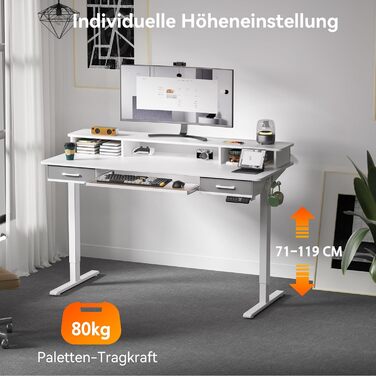 Електричний стіл з регульованою висотою та підставкою для клавіатури, 140x60 см, з 2 шухлядами, комп&39ютерний стіл з підставкою для монітора для домашнього офісу, білий, 140 x 60 см з підставкою для клавіатури