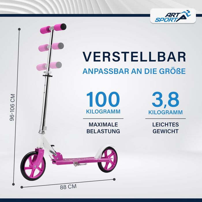 Самокат з великими колесами та ременем для перенесення - для дітей від 3 років - 4 дизайни 88 x 27 x 106 см рожевий