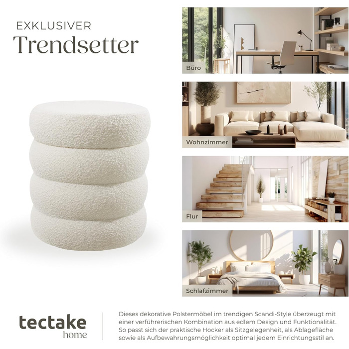 Табурет tectake для зберігання речей, пуф у скандинавському стилі з тканини букле teddy, круглий м&39який табурет для туалетного столика, меблі для вітальні, меблі для коридору, табурет для зберігання речей, Ø 42 x 47 см - букле кремово-білий 42Г x 42Ш x 