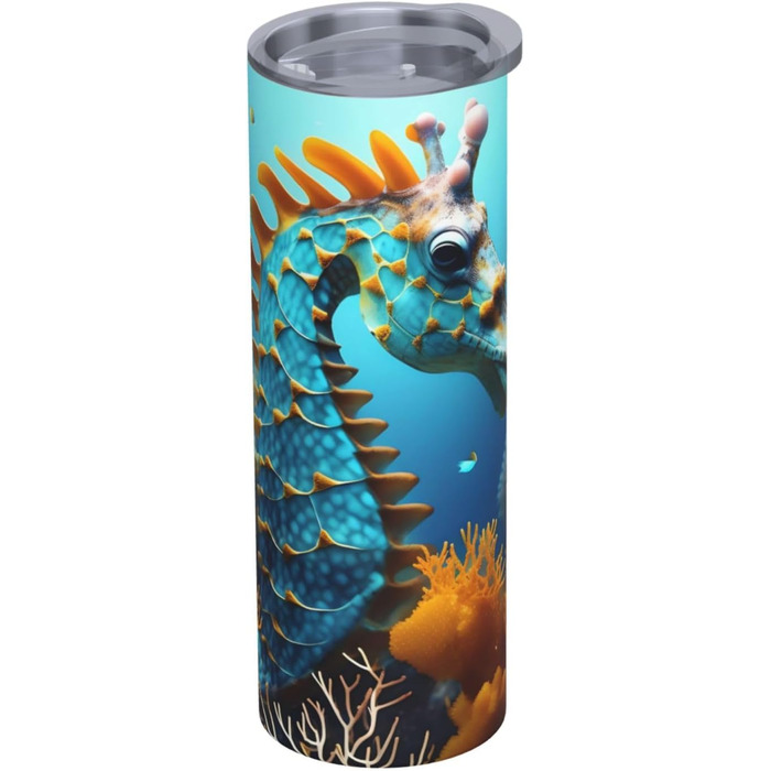 Кухоль з прямою трубочкою, 590 мл, принт синього морського коника, дорожній кухоль, підходить для кемпінгу, офісу та дому