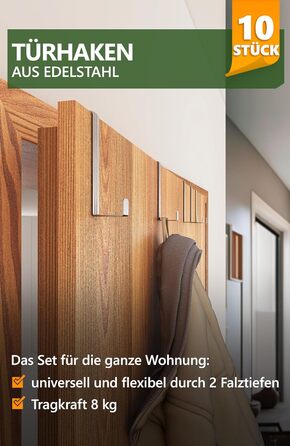 Дверні гачки 4smile - набір з 10 шт. , нержавіюча сталь - Дверні гачки для підвішування, універсальні, дверна вішалка для підвішув