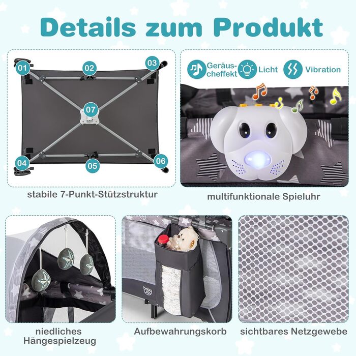 Складане дорожнє ліжечко 102 x 72 см, дитяче ліжечко з матрацом, колесами, москітною сіткою та пеленальний килимок, дитяче ліжечко 3 в 1 для новонароджених та дітей 0-36 місяців (сіре)