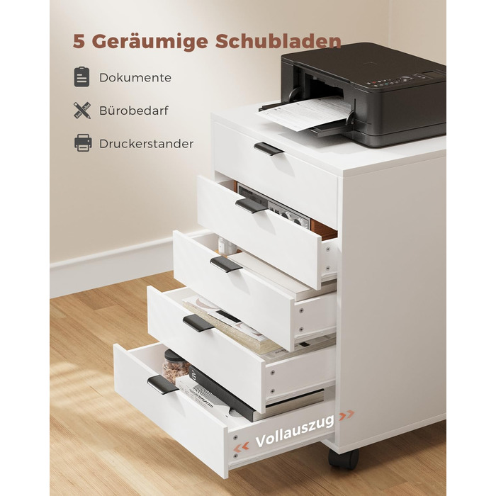 Шафа з шухлядами, контейнер на колесах, мобільна шафа для документів з 5 шухлядами, шафа під письмовим столом, офісний комод для домашнього офісу, білий 40 x 47,6 x 64,6 см
