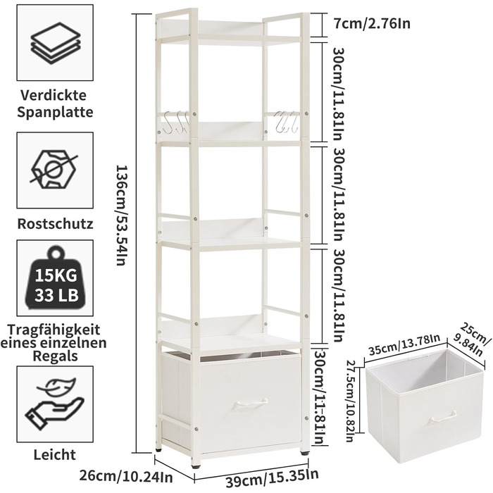 Полиця-драбина, книжкова полиця, 5-ярусна книжкова полиця з шухлядою, підставка для рослин, книжкові полиці для вітальні, спальні, кухні, сталевий каркас, білий YD-BC001W 39x26x136см Білий