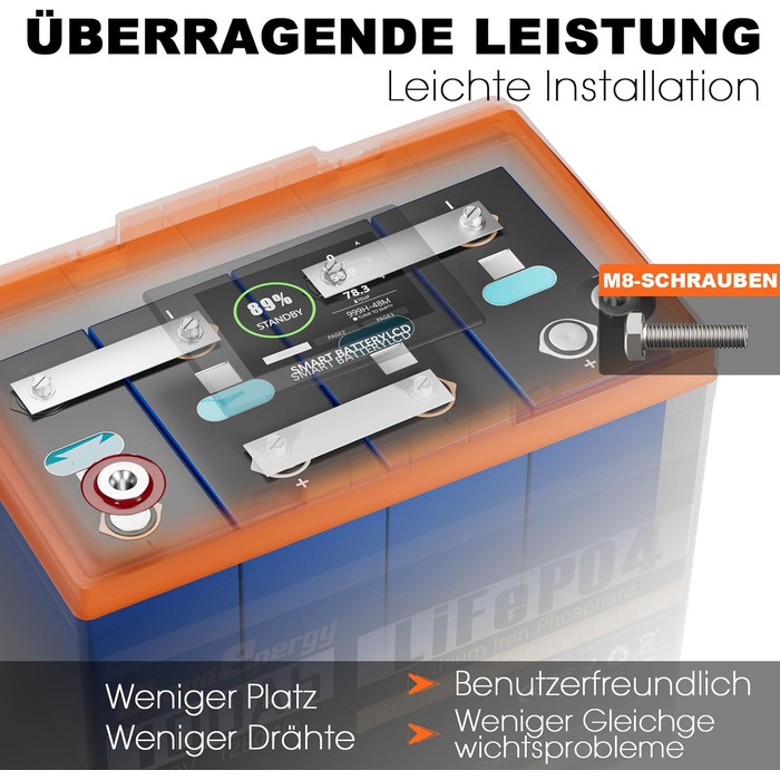 Літій-іонний акумулятор Cloudenergy 12,8 В 100 Аг LiFePO4, 1280 Втгод, 100 А Bluetooth BMS із сенсорним екраном, 6000 циклів заряджання/розрядки, підходить для автофургонів, човнів та кемпінгу. (DP-12V-100Ah)