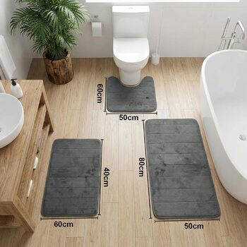 Комплект килимків для ванної з 3 предметів, комплект килимків для ванної кімнати, килимок для ванної/туалету з вирізом, килимок для душу піна з ефектом пам&39яті, нековзний та миється, вбираючий та м&39який, комплект для душу, туалету та ванни, темно-сіри