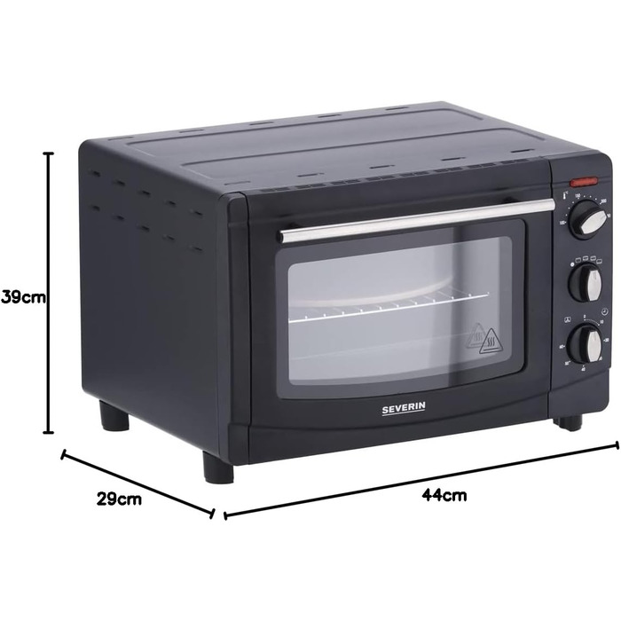 Піч для випічки та підсмажування SEVERIN з функцією конвекції, міні-піч з решіткою для гриля, деко для випічки, гриль і камінь для піци, універсальна конвекційна піч ємністю 20 л, 1 500 Вт, чорний, TO 2068 Ручка зручного дизайну одинарна