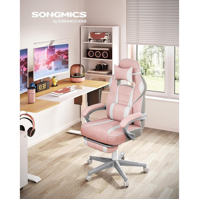 Ігрове крісло SONGMICS, офісне крісло з підставкою для ніг, робоче крісло з підголівником та поперековою подушкою, регульована висота, ергономічне, вантажопідйомність до 150 кг, пастельно-рожевий OBG073P01 пастельно-рожевий кремово-білий