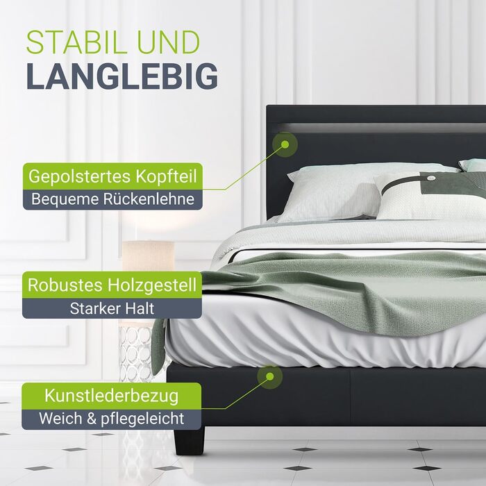 М'яке ліжко Juskys Paris 140x200 см зі світлодіодним підсвічуванням, решітчастим каркасом та узголів'ям - зі штучної шкіри та дере