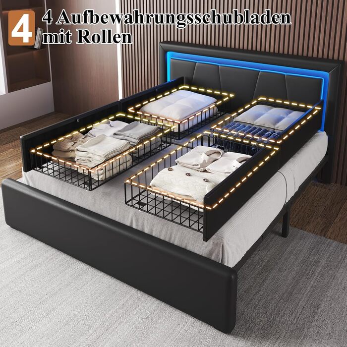 М&39яке ліжко 140 x 200 см з 4 шухлядами, світлодіодне освітлення, каркас ліжка 140 x 200 з регульованим узголів&39ям, зарядна станція, металева рейкова основа, легке складання, чорний колір 140 x 200 см