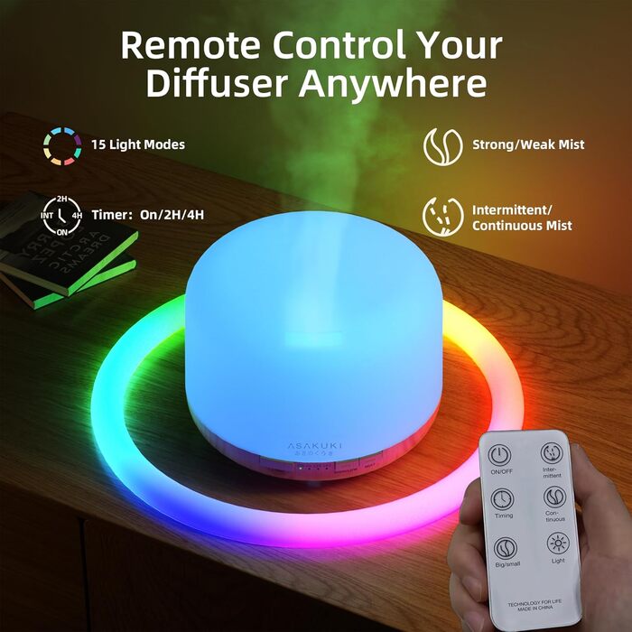 Ароматичний дифузор ASAKUKI 500 мл, ультразвуковий ароматерапевтичний дифузор для ефірних масел, зволожувач повітря з пультом дист