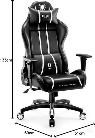 Геймерське крісло Diablo X-One 2.0, Геймерське крісло, Офісне крісло, Настільне крісло, Регульовані підлокітники, Ергономічний дизайн, Подушка для шиї/попереку, Функція гойдання, Чорний/Білий, Стандартний (L)