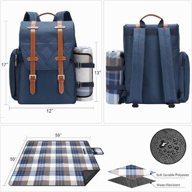 Рюкзак для пікніка на 4 особи з великою ізольованою сумкою-холодильником, набором кошика для пікніка з сумкою для вина, водонепроникною ковдрою для пікніка та набором столових приборів. Ідеально підходить для кемпінгу, весільний подарунок для пар, синій.