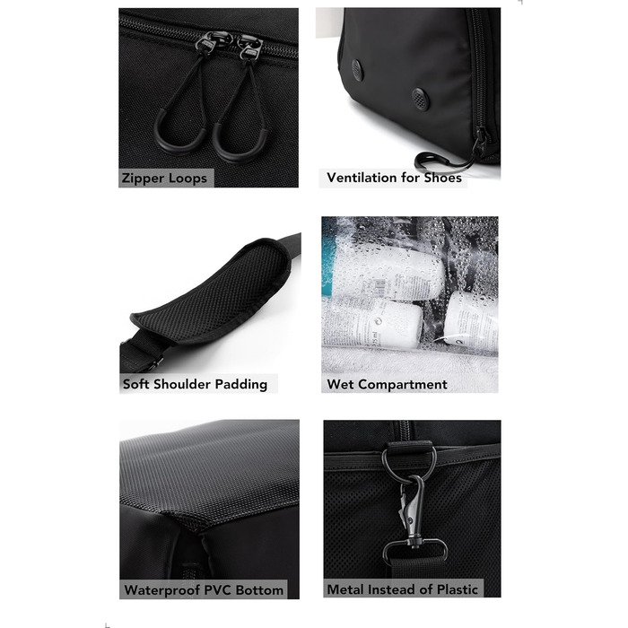 Спортивна та дорожня сумка Fitgriff V2 для жінок та чоловіків - з відділенням для взуття та відділенням для вологих речей - Сумка для спорту, фітнесу, подорожей - Сумка для тренувань, Сумка для спортзалу, (Чорна, Середня) Чорна 56 x 30 x 32 см (Середня)
