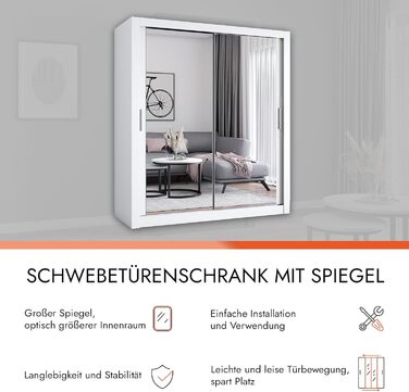 Шафа з дзеркалом - Шафа з розсувними дверима - Шафа для спальні - 64 x 180 x 215 см - Шафа для вітальні - Вішалка для одягу, Шафа з двома дверима, Сучасна 180 см Біла