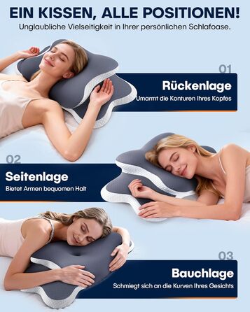 Ортопедична подушка для шиї - ергономічна подушка з піни з ефектом пам&39яті з охолоджувальним ефектом, подушка для підтримки шиї для знеболення, подушка проти хропіння для сну на боці, спині та животі, сіра