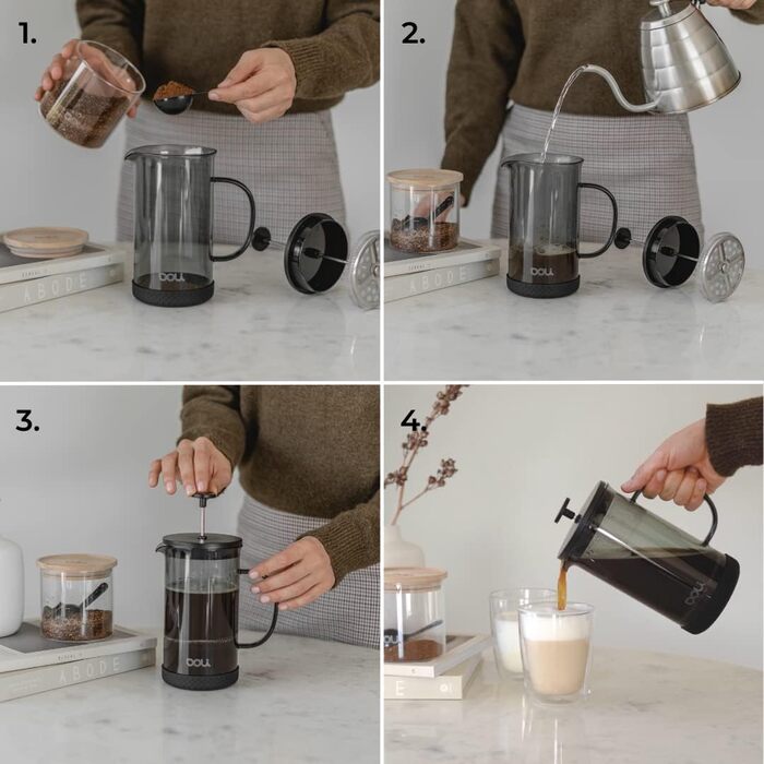 Скло френч-прес Doli 1 л, кавоварка на 1-6 чашок, тонкий фільтр з нержавіючої сталі для чистого аромату, вогнетривкий і безпечний для миття в посудомийній машині, в т.ч. дозуюча ложка (чорна)