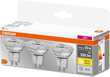 Світлодіодна рефлекторна лампа Osram Base PAR16 з цоколем GU10, 4,3 Вт, теплий білий, 10 шт. (1 упаковка) (50 Вт, 3 упаковки, 2700k теплий білий)