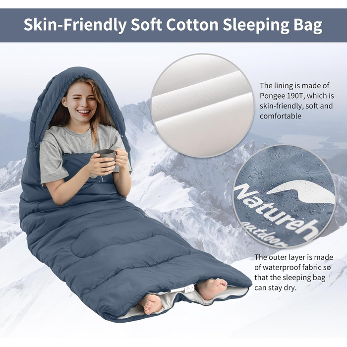 Спальний мішок Naturehike з капюшоном, спальний мішок-ковдра для кемпінгу, легкий та зручний, ідеально підходить для пригод на природі та подорожей, темно-синій-лівий (11C)