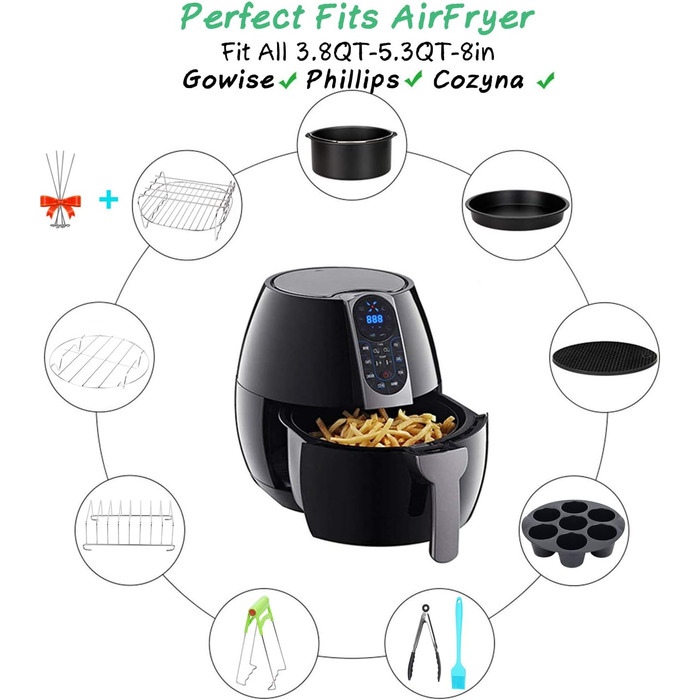 Аксесуари для фритюрниці, аксесуари для фритюрниці 8 дюймів 10 шт. для COSORI/PRINSES/INNSKY/PROSCENIC/PHILIPS/NINJA/GOWISE і всі фритюрниці 4.7 л, 5.5 л, 6.2 л, 6.4 л, 7.3 л