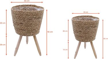 Підставка для квітів Spetebo із соломи з фольгованою підкладкою, комплект з 2 шт. - Ø 26 та 23 см - Підставка для рослин з ротанга з 3 дерев&39яними ніжками - Декоративний квітковий горщик, кашпо, кошик-горщик з ніжками для кімнатних рослин, комплект з 2 