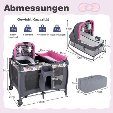 Дитяче ліжечко COSTWAY 5-в-1, дорожнє ліжечко з матрацом, дитяче дорожнє ліжечко, включаючи пеленальний килимок, дитячу колиску та музичний мобіль, колиску з колесами, дитяче ліжечко для немовлят до 36 місяців (рожева крапка) 106Д x 74Ш x 74В см рожевого 